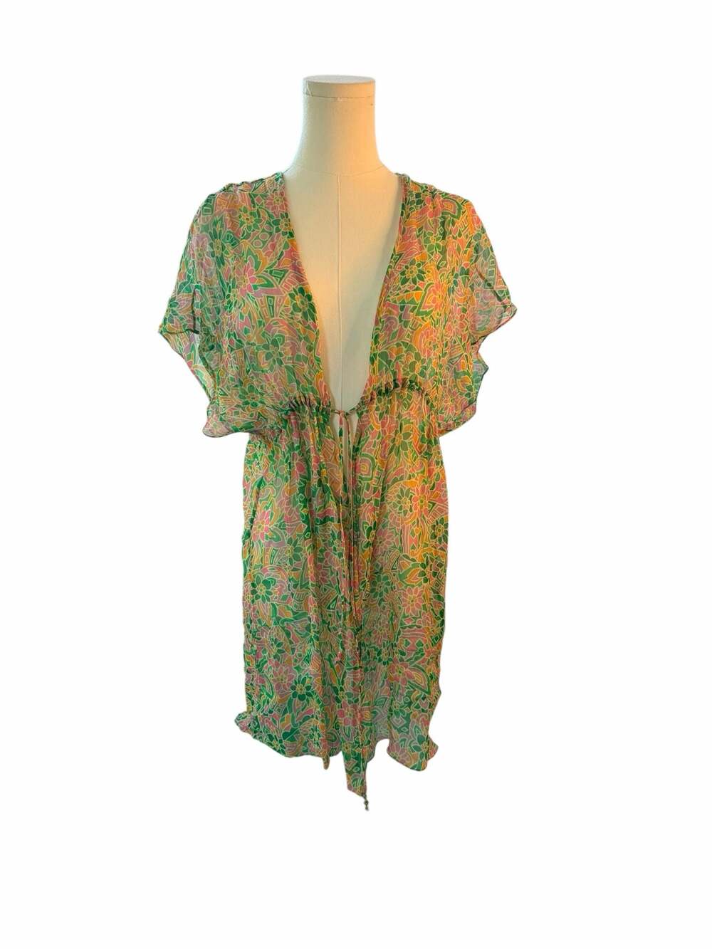 Miguelina Women's Size S Floral Print 100% Silk Kaftan Cover Up